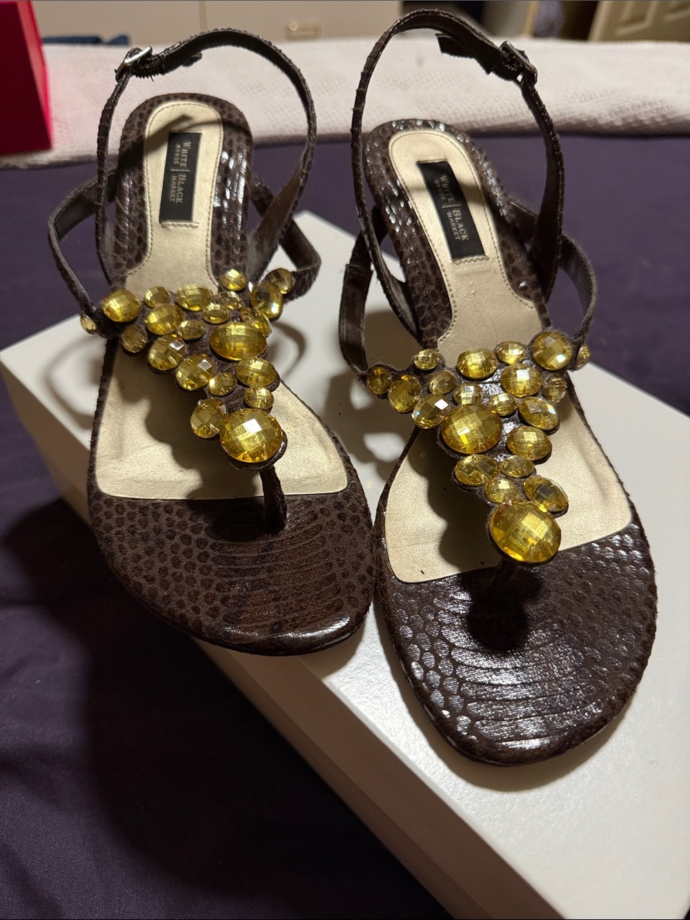 White House Black Market Brown Sandal with Yellow Gem Embellishments.  Size 8.5